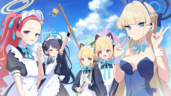 Rule 34 | &gt; &lt;, 5girls, absurdres, animal ears, apron, aqua halo, aris (blue archive), aris (maid) (blue archive), arm up, black dress, black hair, blonde hair, blue archive, blue bow, blue bowtie, blue eyes, blue halo, blue leotard, blue ribbon, blue sky, bow, bowtie, braid, breasts, closed eyes, closed mouth, commentary request, detached collar, double v, dress, flat chest, frilled apron, frills, green eyes, green halo, hair ribbon, halo, headset, highres, holding, holding mop, kaerunrun, large breasts, leotard, light brown hair, long hair, long sleeves, maid, maid apron, maid headdress, midori (blue archive), midori (maid) (blue archive), momoi (blue archive), momoi (maid) (blue archive), mop, multiple girls, open mouth, pink eyes, pink halo, playboy bunny, ponytail, puffy long sleeves, puffy short sleeves, puffy sleeves, purple eyes, rabbit ears, red hair, ribbon, short hair, short sleeves, siblings, sisters, sky, sleeve cuffs, smile, strapless, strapless leotard, toki (blue archive), toki (bunny) (blue archive), upper body, v, very long hair, white apron, wrist cuffs, yellow halo, yuzu (blue archive), yuzu (maid) (blue archive)