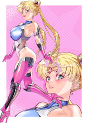 Rule 34 | 1girl, absurdres, arion canvas, armpits, arms up, ass, bare shoulders, bishoujo senshi sailor moon, blonde hair, blue eyes, covered erect nipples, earrings, elbow gloves, gloves, hair bun, high heels, highres, jewelry, leotard, long hair, pink background, sailor moon, solo, taimanin (series), taimanin suit, thighhighs, tsukino usagi, twintails
