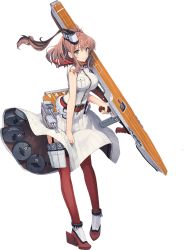 Rule 34 | 1girl, anchor, belt, blue eyes, breast pocket, breasts, brown hair, cannon, closed mouth, dress, drum magazine, flight deck, full body, garter straps, grey eyes, gun, hair between eyes, hair ornament, high heels, highres, holding, holding weapon, kantai collection, large breasts, looking at viewer, machinery, magazine (weapon), neckerchief, official art, pocket, ponytail, red hair, red neckerchief, red thighhighs, roundel, saratoga (kancolle), shirt, shizuma yoshinori, side ponytail, sidelocks, sleeveless, sleeveless dress, smile, smokestack, solo, standing, submachine gun, thighhighs, thompson submachine gun, transparent background, trigger discipline, turret, weapon, white dress, wind, wind lift
