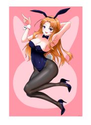 Rule 34 | 1girl, absurdres, animal ears, black pantyhose, blue bow, blue bowtie, blue eyes, blue footwear, blue leotard, bow, bowtie, breasts, brown hair, cleavage, detached collar, full body, hifumi (hifumit), high heels, highres, idolmaster, idolmaster cinderella girls, large breasts, leotard, long hair, looking at viewer, matsumoto sarina, pantyhose, pink background, playboy bunny, rabbit ears, rabbit tail, solo, strapless, strapless leotard, tail, wrist cuffs