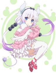Rule 34 | 1girl, :o, absurdres, beads, blue eyes, blunt bangs, blush, capelet, commentary, dragon horns, female focus, frilled skirt, frills, full body, fuusuke (fusuke208), gradient hair, hair beads, hair ornament, hairband, highres, horns, kanna kamui, kobayashi-san chi no maidragon, long hair, long sleeves, looking at viewer, lying, multicolored hair, on side, open mouth, pink footwear, pink shirt, purple hair, shirt, shoes, sidelocks, silver hair, skirt, slit pupils, solo, tail, thighhighs, twintails, twitter username, white capelet, white skirt, white thighhighs