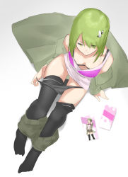 Rule 34 | 1girl, black panties, black thighhighs, breasts, cellphone, character request, cleavage, clothes pull, collarbone, downblouse, green eyes, green hair, green shorts, hair between eyes, hair ornament, hairclip, long hair, original, panties, panty pull, phone, print shirt, pulled by self, saruno (eyesonly712), shirt, short shorts, shorts, shorts pull, sitting, sleeveless, sleeveless shirt, small breasts, smartphone, solo, thigh gap, thighhighs, underwear, white shirt