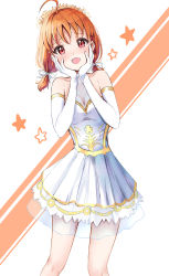 1girl, :d, absurdres, ahoge, bangs, blush, collarbone, dress, elbow gloves, flower, gloves, hair between eyes, hair flower, hair ornament, hair ribbon, hands on own cheeks, hands on own face, head wreath, highres, long hair, looking at viewer, love live!, love live! sunshine!!, low twintails, open mouth, orange flower, orange hair, pleated dress, red eyes, ribbon, shiny, shiny hair, short dress, sin (sin52y), sleeveless, sleeveless dress, smile, solo, standing, strapless, strapless dress, takami chika, twintails, white background, white dress, white gloves, white ribbon