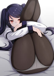 Rule 34 | 1girl, absurdres, ass, highres, hugging own legs, jill stingray, legs together, looking at viewer, lying, on back, on bed, panties, panties under pantyhose, pantyhose, purple hair, red eyes, solo, underwear, va-11 hall-a