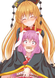 Rule 34 | 2girls, ^ ^, absurdres, animal ears, black dress, blonde hair, blush, bound, closed eyes, commentary request, constricted pupils, dress, facing viewer, gag, gagged, hair between eyes, head tilt, headdress, highres, hug, hug from behind, improvised gag, junko (touhou), long hair, long sleeves, mukkushi, multiple girls, necktie, pom pom (clothes), purple hair, rabbit ears, red eyes, red neckwear, reisen udongein inaba, rope, shirt, simple background, smile, tabard, tape, tape gag, tassel, tears, tied up (nonsexual), touhou, white background, white shirt, wide-eyed, wide sleeves, yuri