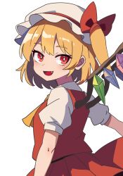 Rule 34 | 1girl, :d, ascot, blonde hair, collared shirt, crystal, fang, flandre scarlet, hat, hat ribbon, highres, kv-san, looking at viewer, mob cap, multicolored wings, one side up, open mouth, puffy short sleeves, puffy sleeves, red eyes, red skirt, red vest, ribbon, shirt, short hair, short sleeves, side ponytail, simple background, skirt, skirt set, smile, solo, touhou, vest, white background, white hat, white shirt, wings, yellow ascot