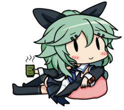 Rule 34 | 10s, 1girl, 90mm single high-angle gun mount, :&gt;, bamomon, black ribbon, black thighhighs, blue neckerchief, chibi, commentary request, cup, detached sleeves, fairy (kancolle), green hair, hair between eyes, hair ornament, hair ribbon, hairclip, holding, holding cup, kantai collection, long hair, lowres, neckerchief, ponytail, ribbon, school uniform, serafuku, skirt, solid oval eyes, solo, thighhighs, yamakaze (kancolle)