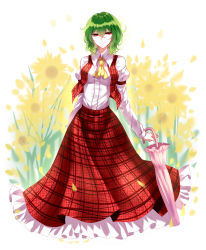 Rule 34 | 1girl, absurdres, armband, ascot, bad id, bad pixiv id, breasts, closed umbrella, collared shirt, flower, frilled skirt, frills, full body, green hair, hair between eyes, half-closed eyes, highres, kazami yuuka, long skirt, long sleeves, looking to the side, medium breasts, open clothes, open vest, petals, plaid, plaid skirt, plaid vest, puffy long sleeves, puffy sleeves, red eyes, sheya, shirt, short hair, skirt, skirt set, smile, solo, sunflower, touhou, umbrella, vest, wavy hair, white background, white shirt