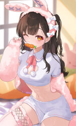 Rule 34 | 1girl, animal ear hairband, animal ears, black hair, blurry, breasts, bridal garter, carrot, cleavage, cleavage cutout, clothing cutout, collared shirt, commentary, crop top, cropped jacket, depth of field, fake animal ears, hairband, hand up, heart cutout, highres, jacket, long hair, long sleeves, looking at viewer, medium breasts, midriff, mole, mole under eye, mouth hold, navel, neck ribbon, nima (niru54), off shoulder, one eye closed, orange eyes, original, pink jacket, rabbit ears, ribbon, shirt, short shorts, short sleeves, shorts, sitting, solo, stomach, symbol-only commentary, two side up, wariza, white shirt, white shorts