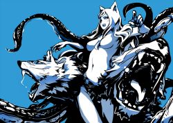 Rule 34 | 1girl, animal ears, blue background, blue theme, breasts, dog ears, hounori, long hair, monochrome, monster girl, navel, no nipples, nude, open mouth, saliva, scyllei, shinrabanshou, simple background, smile, solo, tail, tentacles, wolf