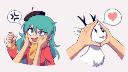 Rule 34 | 1girl, anger vein, angry, animal, beret, blue eyes, blue hair, brick st, cheek squash, clenched hand, fist shaking, hair between eyes, hands on another&#039;s cheeks, hands on another&#039;s face, hat, heart, highres, hilda (hilda), hilda (series), long hair, looking at another, motion lines, open mouth, scarf, simple background, tongue, tongue out, twig (hilda)
