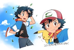 Rule 34 | &gt; &lt;, 1boy, ame (ame025), ash ketchum, baseball cap, black gloves, black hair, black shirt, brown eyes, closed mouth, cloud, collared jacket, commentary request, creatures (company), day, falling leaves, fingerless gloves, flying sweatdrops, game freak, gen 1 pokemon, gloves, hat, jacket, leaf, looking at viewer, male focus, multiple views, nintendo, one eye closed, open clothes, open jacket, open mouth, outdoors, pants, pikachu, pokemon, pokemon (anime), pokemon (creature), pokemon the movie: the power of us, popped collar, red headwear, shirt, short hair, sky, smile, teeth, tongue, translation request, upper teeth only