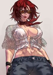 Rule 34 | 1girl, abs, absurdres, alternate costume, bandana around neck, breasts, cleavage, collarbone, front-tie top, halterneck, highres, large breasts, lips, lipstick, makeup, mature female, midriff, muscular, muscular female, navel, pants, red eyes, red hair, shirt, short hair, simple background, snk, solo, standing, stomach, sunglasses, syachiiro, the king of fighters, vanessa (kof)