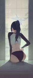 1girl absurdres ass bikini bikini_bottom_only black_bikini black_hair blue_archive blue_hair commentary facing_away from_behind halo highres kji_(rozo) long_hair long_sleeves median_furrow multicolored_hair ponytail raglan_sleeves rash_guard saori_(blue_archive) sitting solo swimsuit tile_floor tiles two-tone_hair