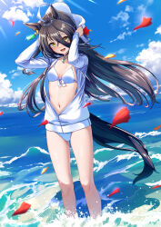 Rule 34 | 1girl, ahoge, alternate costume, animal ears, bikini, blue sky, breasts, cleavage, cloud, cloudy sky, commentary request, earrings, falling petals, front-tie bikini top, front-tie top, hair between eyes, highres, hood, hoodie, horse ears, horse girl, horse tail, jewelry, long hair, long sleeves, looking at viewer, manhattan cafe (tobasuze hot summer!) (umamusume), manhattan cafe (umamusume), multicolored hair, navel, necklace, ocean, outdoors, partially submerged, partially unzipped, petals, single earring, sky, small breasts, smile, solo, streaked hair, swimsuit, tail, tks (526tks), umamusume, very long hair, water, wet, white hair, white hoodie