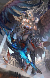 Rule 34 | 1girl, absurdres, armor, armored boots, belt, black pantyhose, blue eyes, boots, breasts, broken, buckle, claw (weapon), cleavage, cloud, creature on head, dutch angle, fantasy, feathered wings, full body, gem, glowing, glowing sword, glowing weapon, hair between eyes, highres, holding, holding sword, holding weapon, horns, jewelry, kusi de san gu, light particles, long hair, looking at viewer, medium breasts, nail polish, night, night sky, original, outdoors, pantyhose, parted lips, pendant, pillar, shade, shorts, signature, skeleton, sky, spikes, sword, vambraces, waist cape, wavy hair, weapon, white hair, white nails, wings