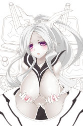 Rule 34 | 10s, 1girl, abyssal ship, armored aircraft carrier princess, blush, breasts, female focus, highres, kantai collection, large breasts, long hair, looking at viewer, monochrome, nakajou, nipples, purple eyes, solo