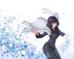 Rule 34 | 1girl, athenawyrm, black dress, black hair, coat, dress, fubuki (one-punch man), fur coat, green eyes, long dress, looking at viewer, one-punch man, outstretched arms, short hair, solo