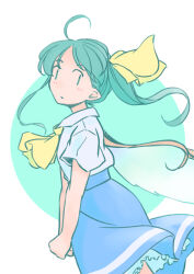 Rule 34 | 1girl, ahoge, ascot, blue dress, blush, closed mouth, commentary request, daiyousei, dress, fairy, fairy wings, green eyes, green hair, long hair, rangycrow, shirt, short sleeves, side ponytail, solo, touhou, white shirt, wings, yellow ascot