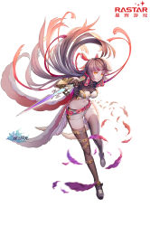 Rule 34 | 1girl, absurdres, belt, black footwear, black thighhighs, breasts, brown hair, brown thighhighs, caing zhihuang, company name, feathers, full body, hair ribbon, highres, holding, holding sword, holding weapon, leg belt, long hair, looking at viewer, lycoris (rastar), medium breasts, midriff, navel, official art, rastar, red ribbon, ribbon, short shorts, shorts, solo, standing, standing on one leg, sword, thigh strap, thighhighs, very long hair, watermark, weapon, white shorts, yellow eyes
