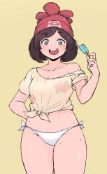 Rule 34 | 1girl, :d, arm behind back, bad id, bad pixiv id, beanie, bikini, bikini bottom only, blush, brown hair, cleanerjay, collarbone, commentary, creatures (company), food, game freak, hand up, hat, highres, holding, holding stick, looking at viewer, navel, nintendo, no pants, off shoulder, open mouth, pokemon, pokemon sm, popsicle, red hat, selene (pokemon), shirt, short hair, short sleeves, simple background, smile, solo, stick, sweat, swimsuit, teeth, tied shirt, tongue, upper teeth only, white bikini, yellow background, yellow shirt