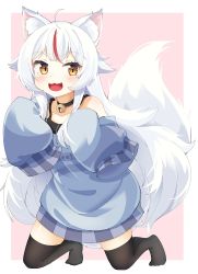 Rule 34 | 100ton250, 1girl, absurdres, animal ear fluff, animal ears, bell, black camisole, black thighhighs, camisole, choker, commission, fang, fox ears, fox tail, full body, highres, jingle bell, kamiko kana, kneeling, long hair, multicolored hair, off shoulder, oversized clothes, red hair, skeb commission, sleeves past fingers, sleeves past wrists, streaked hair, sweater, tail, thighhighs, tsunderia, very long hair, virtual youtuber, white hair, yellow eyes