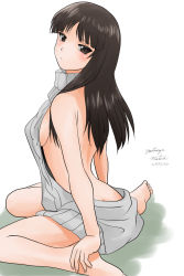 Rule 34 | 10s, 1girl, 2017, aran sweater, barefoot, black hair, blush, breasts, brown eyes, butt crack, cable knit, dated, feet, girls und panzer, large breasts, long hair, looking at viewer, looking back, matsui yasutsugu, meme attire, nishizumi shiho, no bra, no panties, sideboob, simple background, sitting, solo, sweater, virgin killer sweater, wariza, white background