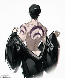 Rule 34 | 1boy, absurdres, aphelios, ass, back, back tattoo, bare shoulders, black hair, black robe, butt crack, from behind, highres, league of legends, male focus, median furrow, mylilmooncake, robe, short hair, shoulder blades, signature, simple background, tattoo, undressing
