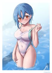 Rule 34 | 1girl, absurdres, artist name, blue hair, blush, border, breasts, cleavage, clothes pull, collarbone, commentary request, competition swimsuit, covered navel, earrings, hair between eyes, highleg, highleg swimsuit, highres, jewelry, looking at viewer, love live!, love live! superstar!!, medium breasts, multicolored clothes, multicolored swimsuit, one-piece swimsuit, one-piece swimsuit pull, orange eyes, outdoors, partially submerged, pool, rikka006, short hair, solo, standing, stud earrings, swim ring, swimsuit, two-tone swimsuit, upper body, variant set, wading, wakana shiki, water, wet, wet clothes, wet hair, wet swimsuit, white border, white one-piece swimsuit