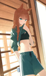 1girl absurdres alternate_costume animal_ears black_sports_bra breasts clothes_lift green_shirt green_shorts highres horse_ears horse_girl indoors long_hair looking_at_viewer navel nike_(company) ningen_gokko orange_hair shirt shirt_lift shorts silence_suzuka_(umamusume) small_breasts solo sports_bra standing stomach umamusume