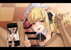 Rule 34 | 1boy, 1girl, ahoge, animal ears, bad id, bad twitter id, bar censor, black thighhighs, blonde hair, blush, breasts, cellphone, censored, checkered floor, clothing aside, fake animal ears, garter straps, goumudan, grabbing another&#039;s hair, hair ribbon, highres, letterboxed, long hair, looking at viewer, maid headdress, male pubic hair, medium breasts, mosaic censoring, nail polish, nijisanji, panties, panties aside, penis, phone, pink nails, pov, precum, pubic hair, ribbon, saliva, saliva trail, smartphone, smile, solo focus, sweat, takamiya rion, takamiya rion (3rd costume), thighhighs, tongue, tongue out, twintails, underwear, veins, veiny penis, virtual youtuber