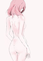 Rule 34 | 10s, 1girl, ass, bad id, bad pixiv id, completely nude, dimples of venus, from behind, hair over eyes, love live!, love live! school idol project, monochrome, nishikino maki, nude, red hair, red theme, short hair, simple background, solo, yoi tosui