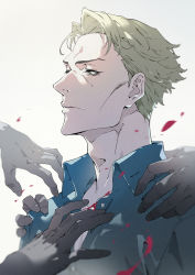 Rule 34 | 1boy, adam&#039;s apple, blonde hair, blood, blue shirt, closed mouth, collared shirt, dress shirt, hand on another&#039;s chest, hand on another&#039;s shoulder, jujutsu kaisen, luode huayuan, male focus, nanami kento, open collar, serious, shirt, short hair, simple background, solo focus, upper body, white background