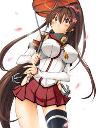 Rule 34 | 10s, 1girl, anchor, black thighhighs, blush, breasts, brown eyes, brown hair, cherry blossoms, flower, hair flower, hair ornament, kaminagi (kaminagi-tei), kantai collection, large breasts, long hair, miniskirt, oil-paper umbrella, petals, pleated skirt, ponytail, simple background, single thighhigh, skirt, solo, thighhighs, umbrella, very long hair, white background, yamato (kancolle)