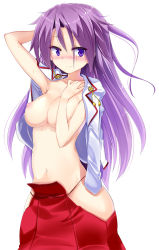 Rule 34 | 10s, 1girl, breasts, hair down, jun&#039;you (kancolle), kantai collection, large breasts, long hair, looking at viewer, mamo williams, messy hair, navel, nipples, no panties, purple eyes, purple hair, simple background, skirt, smile, solo, white background