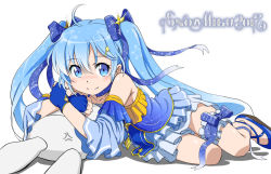 Rule 34 | ahoge, anger vein, blue bow, blue dress, blue eyes, blue hair, blue sleeves, blush, bow, rabbit, character name, commentary, derivative work, detached sleeves, djakarta, dress, face down, frilled dress, frilled legwear, frilled sleeves, frills, hair bow, hair ornament, hairclip, hatsune miku, kanzaki hiro (style), leaning on person, long hair, looking at viewer, lying, on side, rabbit yukine, sleeveless, sleeveless dress, smile, snowflake hair ornament, star (symbol), star hair ornament, strapless, strapless dress, thigh strap, twintails, very long hair, vocaloid, white background, yuki miku, yuki miku (2017)