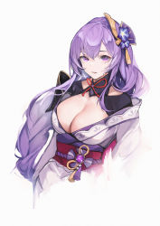 Rule 34 | 1girl, absurdres, breasts, cleavage, fanshu, genshin impact, hair ornament, highres, japanese clothes, large breasts, looking at viewer, obi, parted lips, purple eyes, purple hair, raiden shogun, sash, simple background, solo, upper body, white background