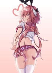 Rule 34 | 1boy, absurdres, animal ears, ass, astolfo (fate), astolfo (sailor paladin) (fate), black bow, bow, butt crack, cowboy shot, crop top, fake animal ears, fate/grand order, fate (series), hair intakes, heart, highres, jo (pixiv29989419), long hair, looking at viewer, male focus, multicolored hair, no panties, official alternate costume, pink hair, pink sailor collar, purple eyes, rabbit ears, sailor collar, school uniform, serafuku, short sleeves, simple background, skirt, solo, streaked hair, thighhighs, trap, very long hair, white hair