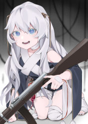 Rule 34 | 1girl, assault rifle, automatic rifle, blood, blood bag, blue eyes, blue nails, e draw paint, girls&#039; frontline, gun, highres, kneeling, long hair, nail polish, ribeyrolles (girls&#039; frontline), ribeyrolles 1918, rifle, silver hair, solo, trigger discipline, very long hair, weapon