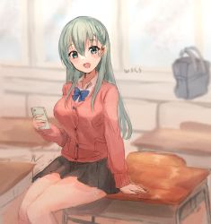 Rule 34 | 1girl, artist name, bag, black skirt, blush, breasts, buttons, cardigan, cellphone, chair, collared shirt, desk, green eyes, green hair, hair between eyes, hair ornament, hairclip, holding, holding phone, kantai collection, large breasts, long hair, long sleeves, looking at viewer, open mouth, phone, pink cardigan, pleated skirt, school bag, school chair, school desk, shirt, signature, sitting, skirt, smartphone, smile, solo, suzuya (kancolle), white shirt, wss (nicoseiga19993411)