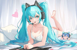 Rule 34 | 1girl, :d, absurdres, animal ear headphones, animal ears, aqua eyes, aqua hair, bare arms, bare legs, bare shoulders, barefoot, blue hair, breasts, camisole, cat ear headphones, character doll, chinese commentary, collarbone, curtains, dress, fake animal ears, feet, foot up, hair between eyes, hatsune miku, headphones, headset, heart, highres, kongtoulaotou, long hair, looking at viewer, lying, microphone, nesoberi, on bed, on stomach, open mouth, pillow, sleeveless, small breasts, smile, soles, solo, spaghetti strap, spring onion, the pose, toes, twintails, very long hair, vocaloid, white camisole, white dress