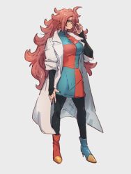 Rule 34 | 1girl, android 21, asymmetrical footwear, blue eyes, blue footwear, boots, breasts, closed mouth, dragon ball, dragon ball fighterz, earrings, full body, glasses, grey background, hoop earrings, jewelry, kemachiku, lab coat, long hair, looking at viewer, medium breasts, mismatched footwear, pantyhose, red footwear, red hair, simple background, solo, standing