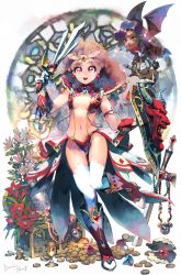Rule 34 | :d, armlet, artist name, bag, beads, boots, breasts, brown hair, castle, center opening, chalice, character request, clam, coin, commentary request, constellation, cup, dangle earrings, demon wings, earrings, fantasy, flower, flower request, full body, garter straps, gem, gloves, gluteal fold, gold, gold coin, heart, heart earrings, holding, holding bag, holding shield, holding weapon, isaac hein iii, jewelry, korean commentary, long hair, looking at viewer, medieval, medium breasts, navel, necklace, object request, open mouth, pearl (gemstone), pearl necklace, planted, planted sword, planted weapon, pointy ears, princess maker (series), princess maker 2, red eyes, revealing clothes, shield, signature, smile, stained glass, standing, standing on one leg, star (symbol), star in eye, sword, symbol in eye, teeth, thigh gap, thighhighs, treasure, treasure chest, unworn jewelry, unworn necklace, upper teeth only, weapon, weapon request, white legwear, wings
