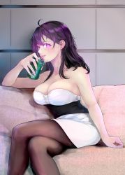 Rule 34 | 1girl, ahoge, arm rest, arm support, bare shoulders, beer can, beifeng han, black hair, black pantyhose, breasts, brown pantyhose, can, chinese commentary, cleavage, clenched hand, closed mouth, collarbone, commentary request, couch, crossed legs, dress, drink, drink can, drinking, earrings, female focus, glowing, glowing eyes, hand up, holding, holding can, indoors, jewelry, large breasts, lips, lipstick, long hair, looking at viewer, makeup, miyaura sanshio, neck, original, pantyhose, purple eyes, short dress, sitting, smile, solo, strapless, strapless dress, tube dress, white dress