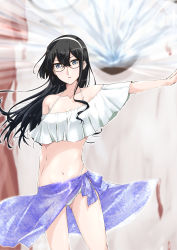 Rule 34 | 1girl, bikini, black hair, breasts, collarbone, commentary request, frilled bikini, frills, glasses, green eyes, hairband, kantai collection, long hair, looking at viewer, mikage takashi, ooyodo (kancolle), outstretched arm, purple sarong, sarong, small breasts, solo, standing, swimsuit, white bikini, white hairband
