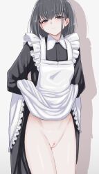 Rule 34 | 1girl, apron, black dress, black eyes, black hair, censored, cleft of venus, closed mouth, dress, frilled apron, frills, hair between eyes, highres, hip bones, lifting own clothes, looking at viewer, maid, maid apron, medium hair, mosaic censoring, mustee, no panties, original, presenting pussy, pussy, shadow, simple background, solo, standing, upskirt, white apron, white background