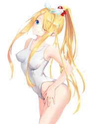Rule 34 | 1girl, aged up, bad id, bad pixiv id, breasts, collarbone, covered erect nipples, cowboy shot, hair bobbles, hair ornament, hair over one eye, highres, impossible clothes, impossible swimsuit, kagamine rin, large breasts, leaning forward, looking at viewer, medium breasts, okiya, one-piece swimsuit, one eye closed, ponytail, school swimsuit, simple background, solo, standing, swimsuit, vocaloid, white background, white one-piece swimsuit, white school swimsuit