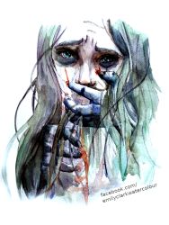 Rule 34 | 1girl, aqua hair, artist name, blue eyes, bruise, bruised eye, commentary, covered mouth, covering another&#039;s mouth, dark, depressed, emily clark, english commentary, facebook username, frown, hand over another&#039;s mouth, highres, injury, long hair, looking at viewer, original, painting (medium), sad, simple background, solo, traditional media, watercolor (medium), watermark, web address, white background