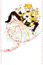 Rule 34 | 1boy, 1girl, bad id, bad pixiv id, bare shoulders, blonde hair, brother and sister, cellphone, elbow gloves, fingerless gloves, gloves, green eyes, hair ornament, hair ribbon, hairclip, headphones, highres, isa (suisuihoi), kagamine len, kagamine rin, long hair, necktie, phone, ponytail, red eyes, reflection, ribbon, short hair, shorts, siblings, sitting, smile, thighhighs, twins, vocaloid, yellow necktie