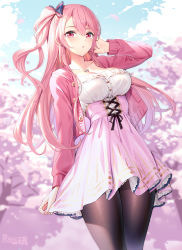 Rule 34 | 1girl, :o, adjusting hair, artist name, black pantyhose, blurry, blurry background, bow, breasts, cherry blossoms, cleavage, cloud, cloudy sky, collarbone, commentary request, day, dress, emily stock, hair between eyes, hair bow, highres, holding, holding clothes, holding dress, jacket, jewelry, long hair, long sleeves, looking at viewer, medium breasts, necklace, one side up, open clothes, open jacket, open mouth, original, pantyhose, pink eyes, pink hair, pink jacket, ririko (zhuoyandesailaer), sky, solo, white dress